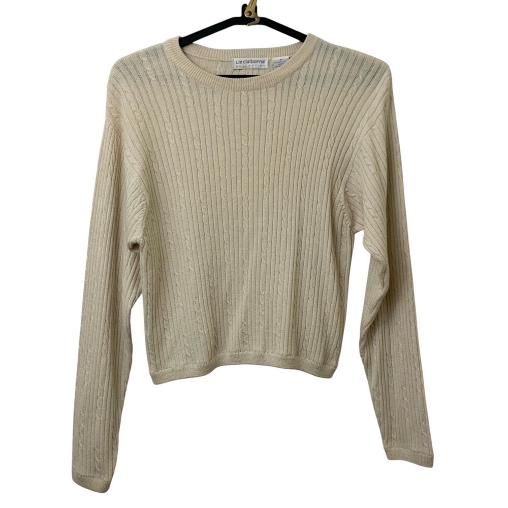 Vintage Liz Claiborne Cable Knit Sweater Womens Size M Beige Crewneck Wool Blend